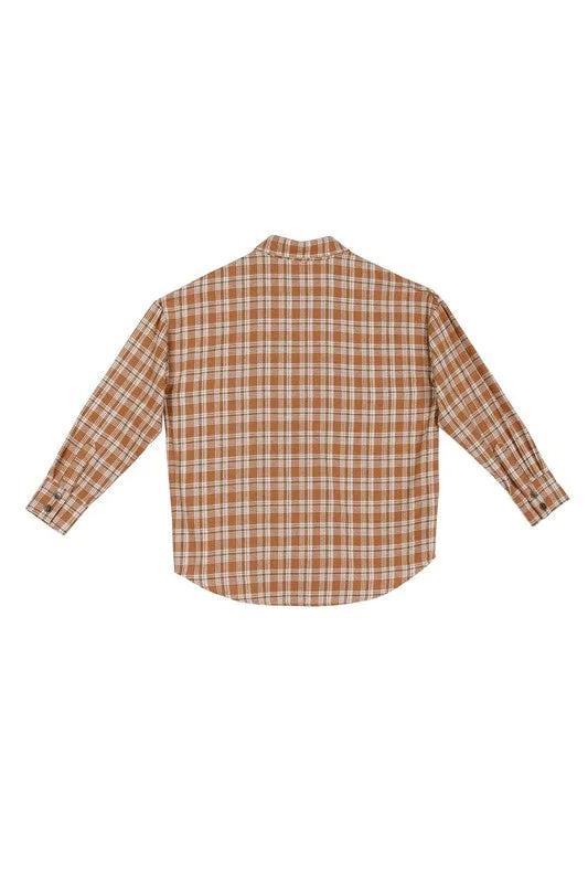 Autumn Beige Drop Shoulder Plaid Button Down Shirt