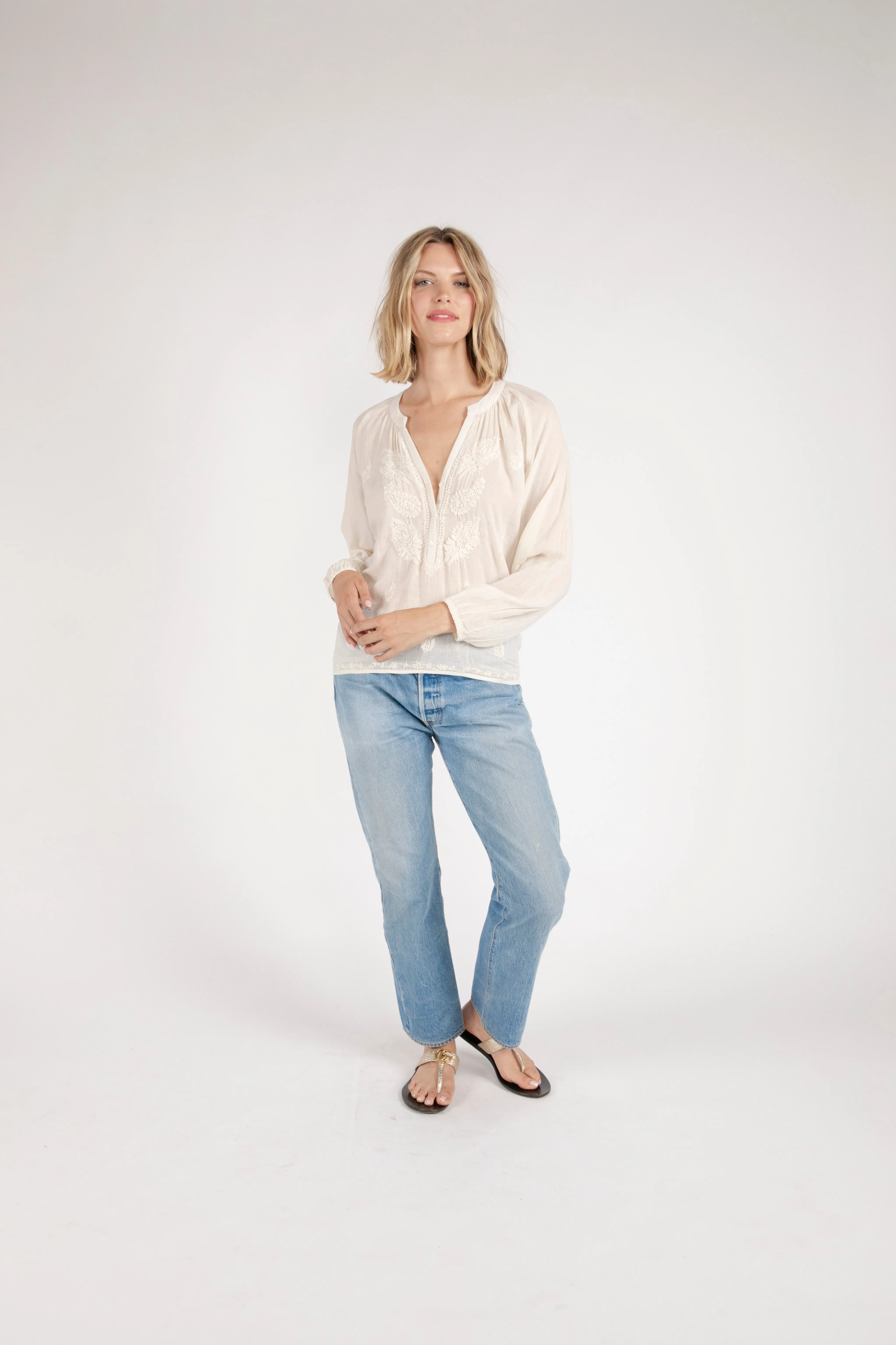 Bahar Embroidered Half Button Down