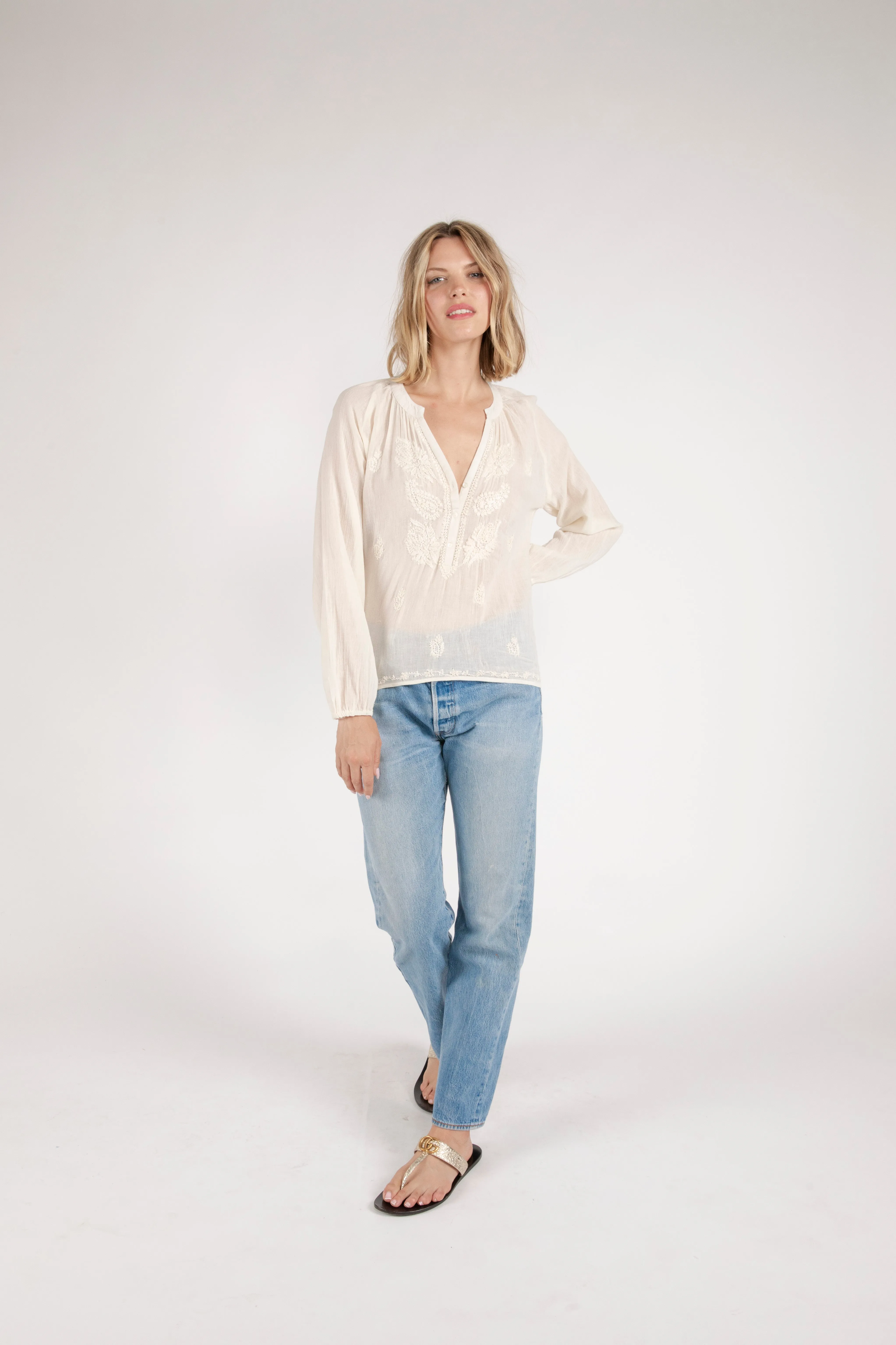 Bahar Embroidered Half Button Down