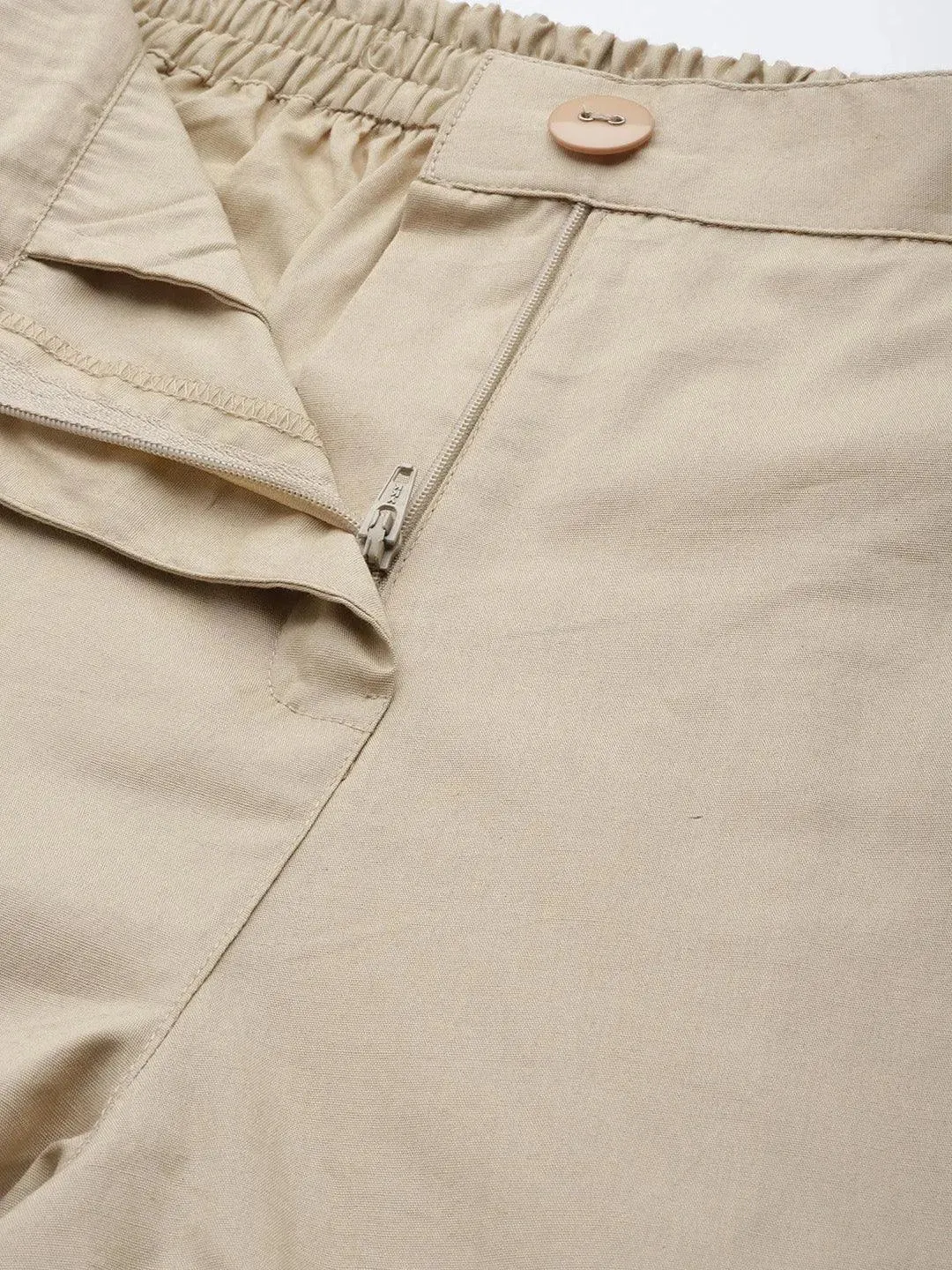 Beige Solid Cotton Trousers