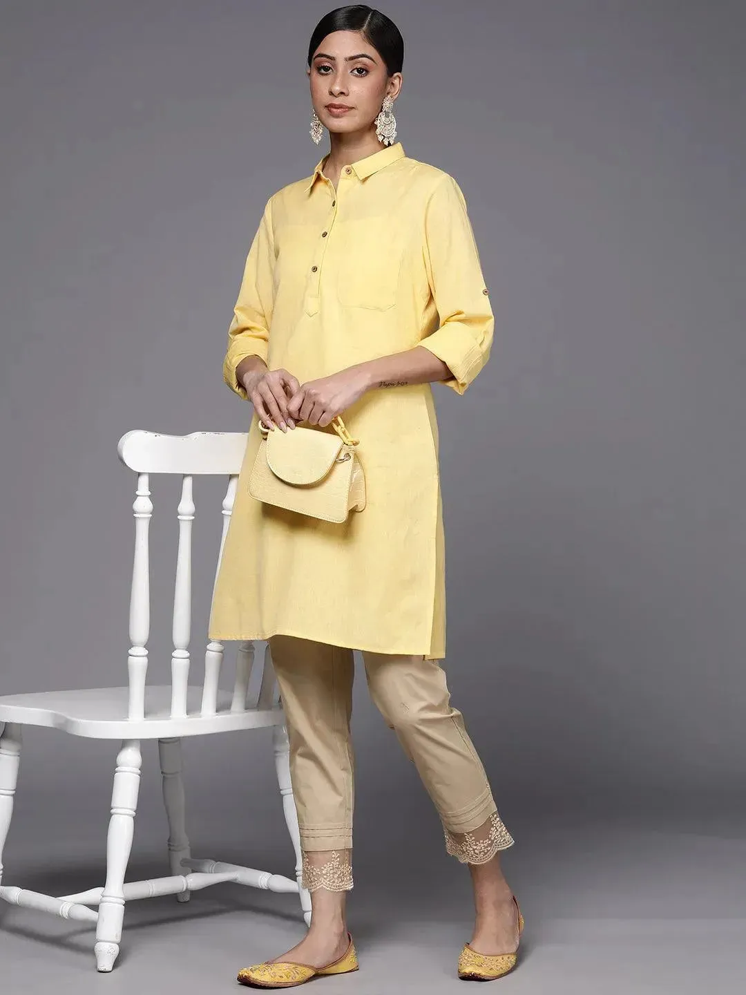 Beige Solid Cotton Trousers