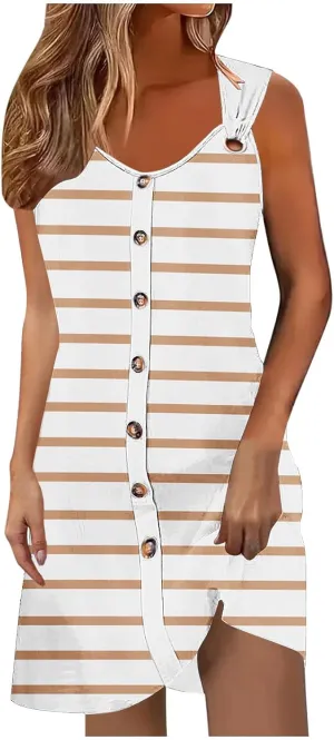 Borniu Women Summer Beach Vocation Casual Striped T Shirt Sundress Sleeveless Crewneck Loose Tank Flowy Swing Short Dresses