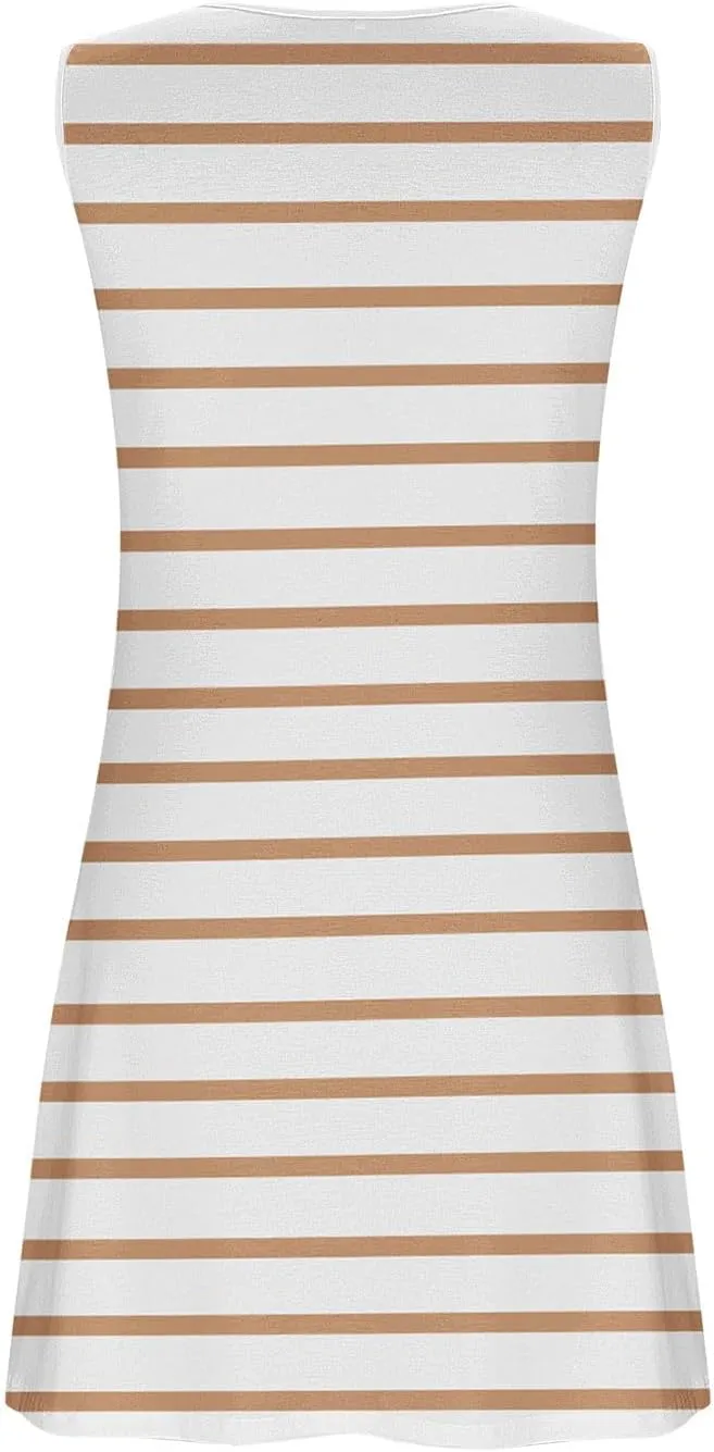 Borniu Women Summer Beach Vocation Casual Striped T Shirt Sundress Sleeveless Crewneck Loose Tank Flowy Swing Short Dresses