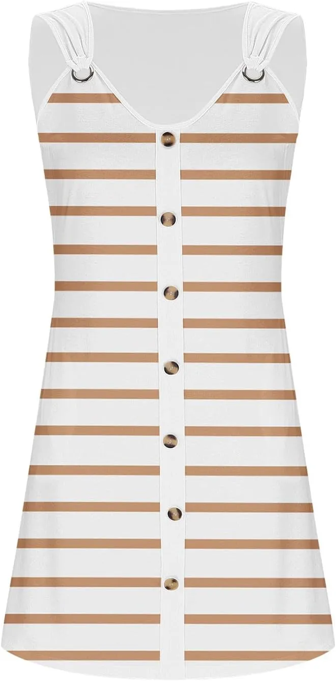 Borniu Women Summer Beach Vocation Casual Striped T Shirt Sundress Sleeveless Crewneck Loose Tank Flowy Swing Short Dresses