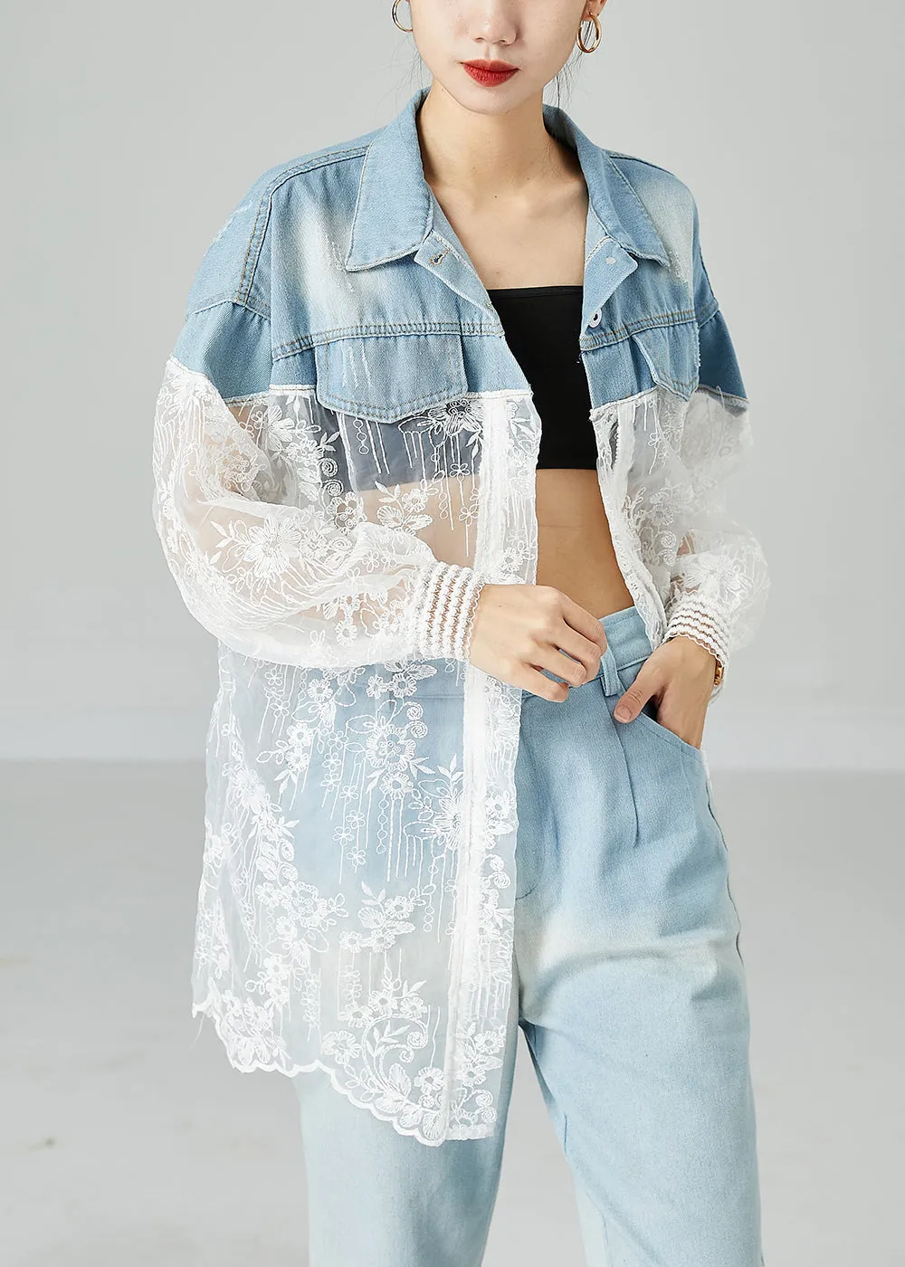 Classy Colorblock Embroideried Patchwork Hollow Out Denim Coat Outwear Summer LY2429