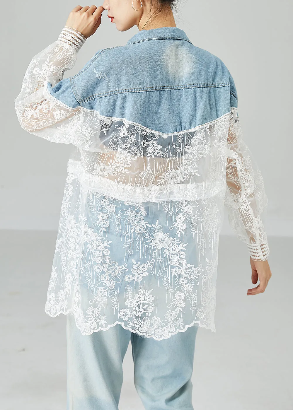 Classy Colorblock Embroideried Patchwork Hollow Out Denim Coat Outwear Summer LY2429
