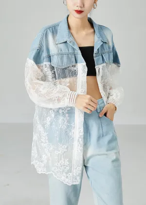 Classy Colorblock Embroideried Patchwork Hollow Out Denim Coat Outwear Summer LY2429