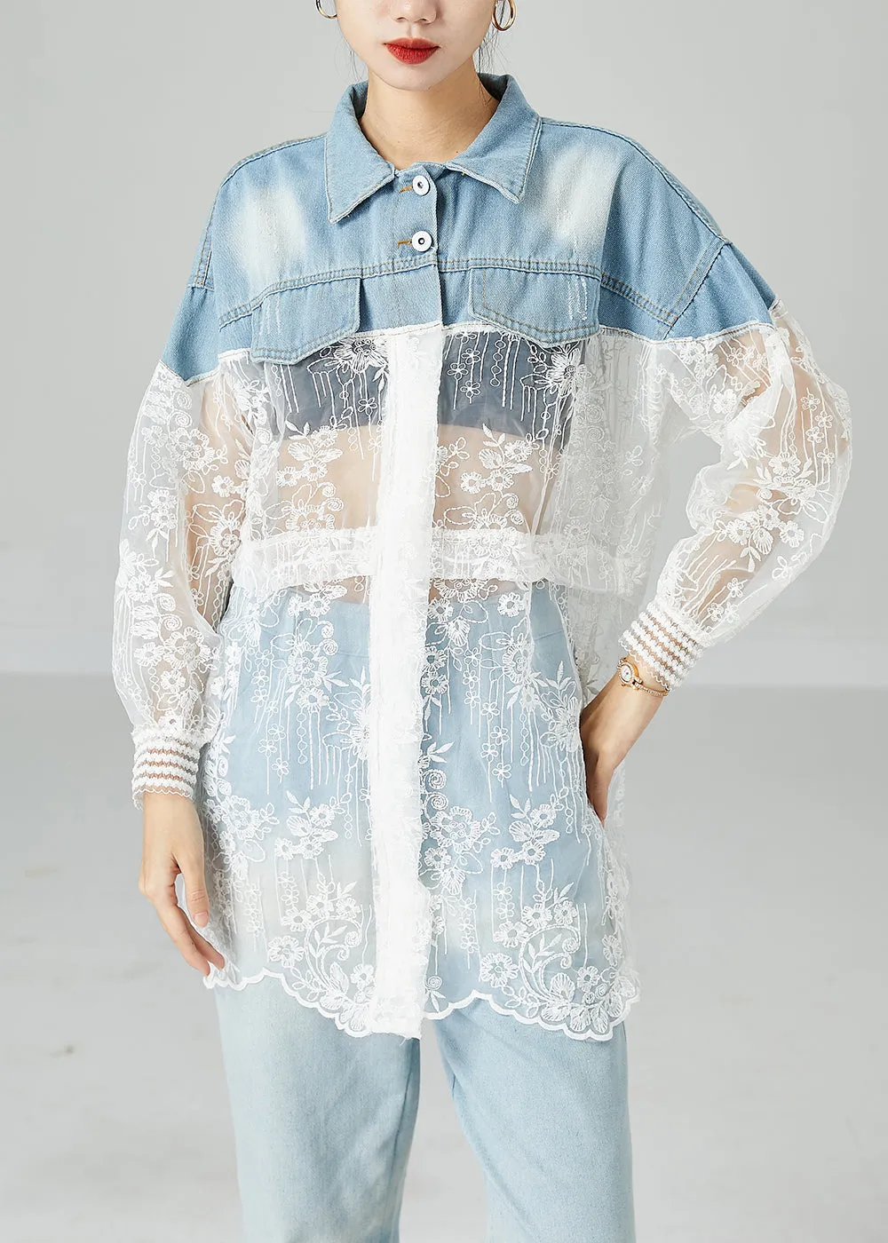 Classy Colorblock Embroideried Patchwork Hollow Out Denim Coat Outwear Summer LY2429
