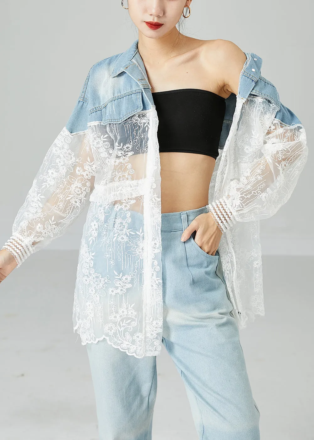 Classy Colorblock Embroideried Patchwork Hollow Out Denim Coat Outwear Summer LY2429