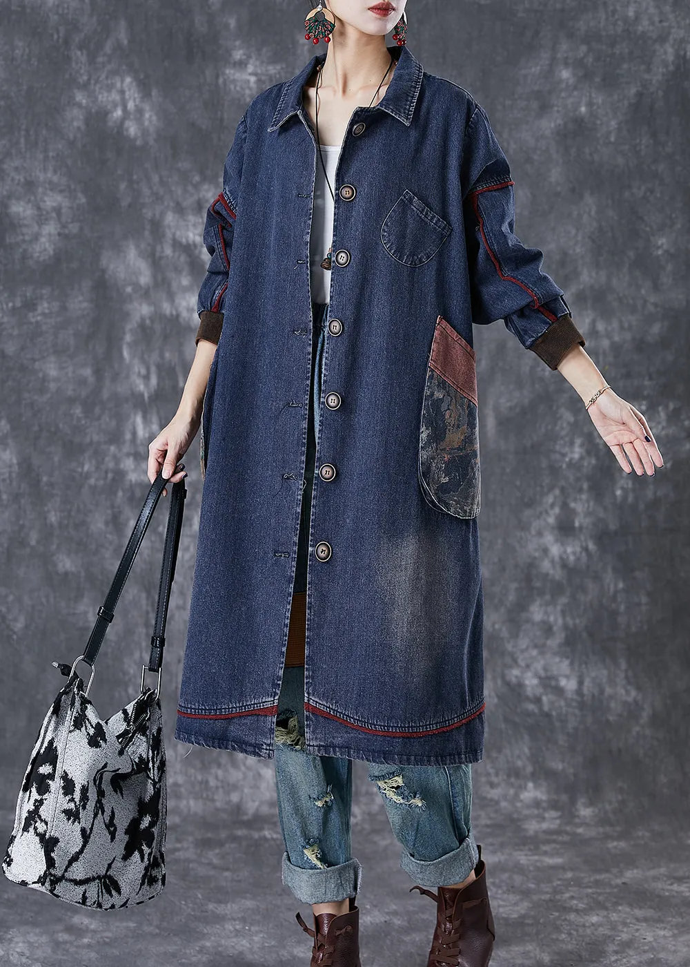 Classy Navy Oversized Patchwork Pocket Cotton Coat Fall ML1824