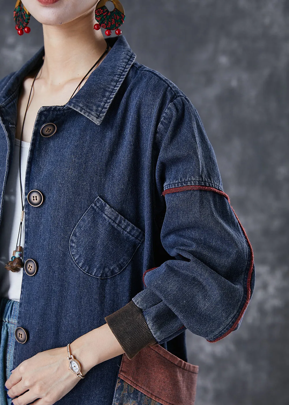 Classy Navy Oversized Patchwork Pocket Cotton Coat Fall ML1824