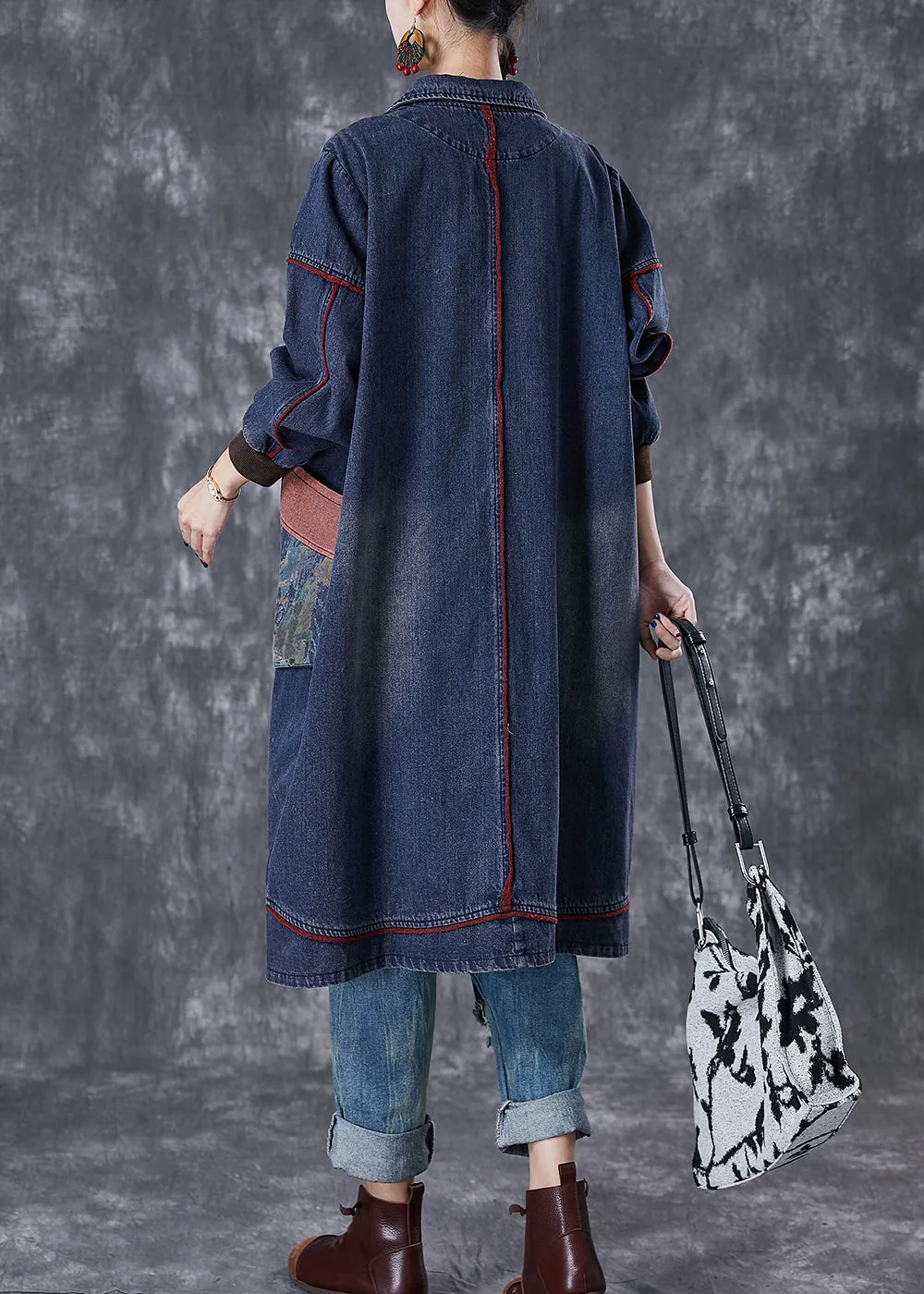 Classy Navy Oversized Patchwork Pocket Cotton Coat Fall ML1824
