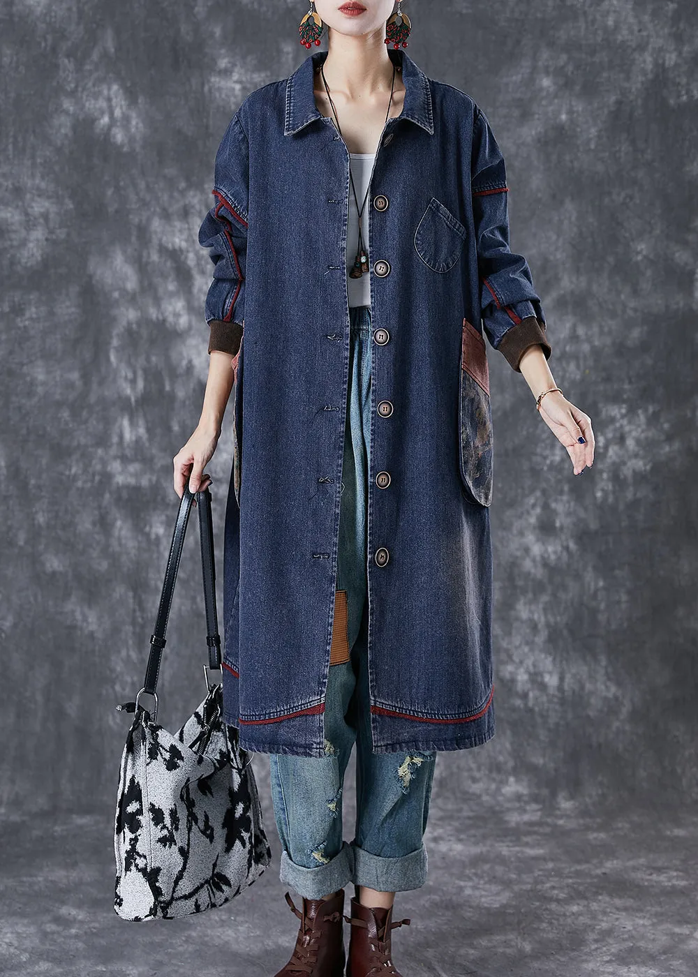 Classy Navy Oversized Patchwork Pocket Cotton Coat Fall ML1824