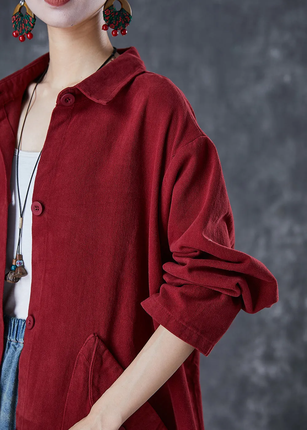 Classy Red Oversized Pockets Cotton Trench Coats Fall ML1759