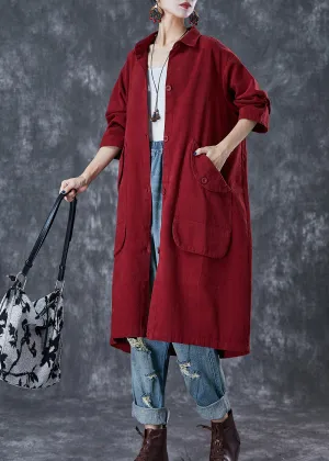 Classy Red Oversized Pockets Cotton Trench Coats Fall ML1759
