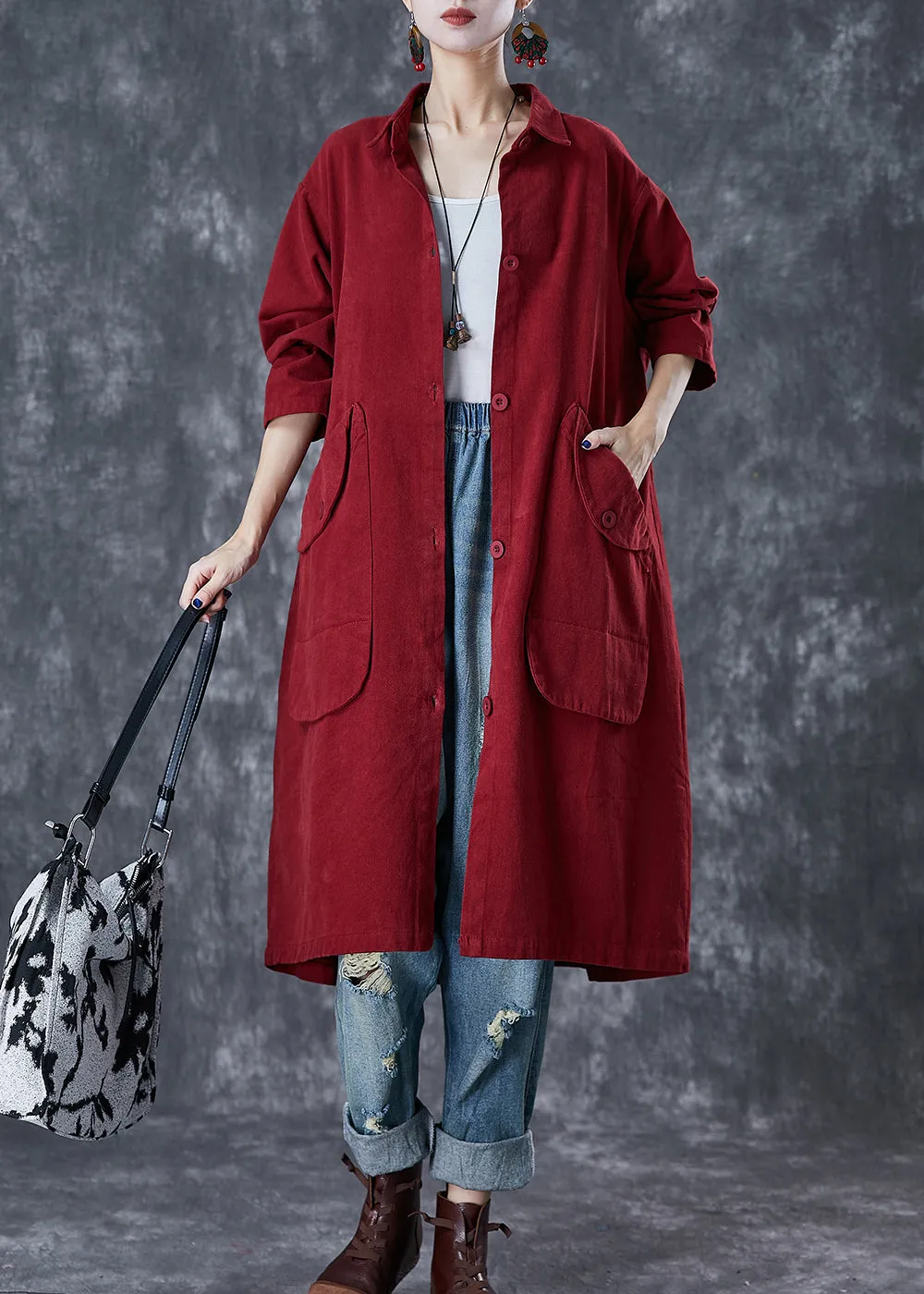 Classy Red Oversized Pockets Cotton Trench Coats Fall ML1759