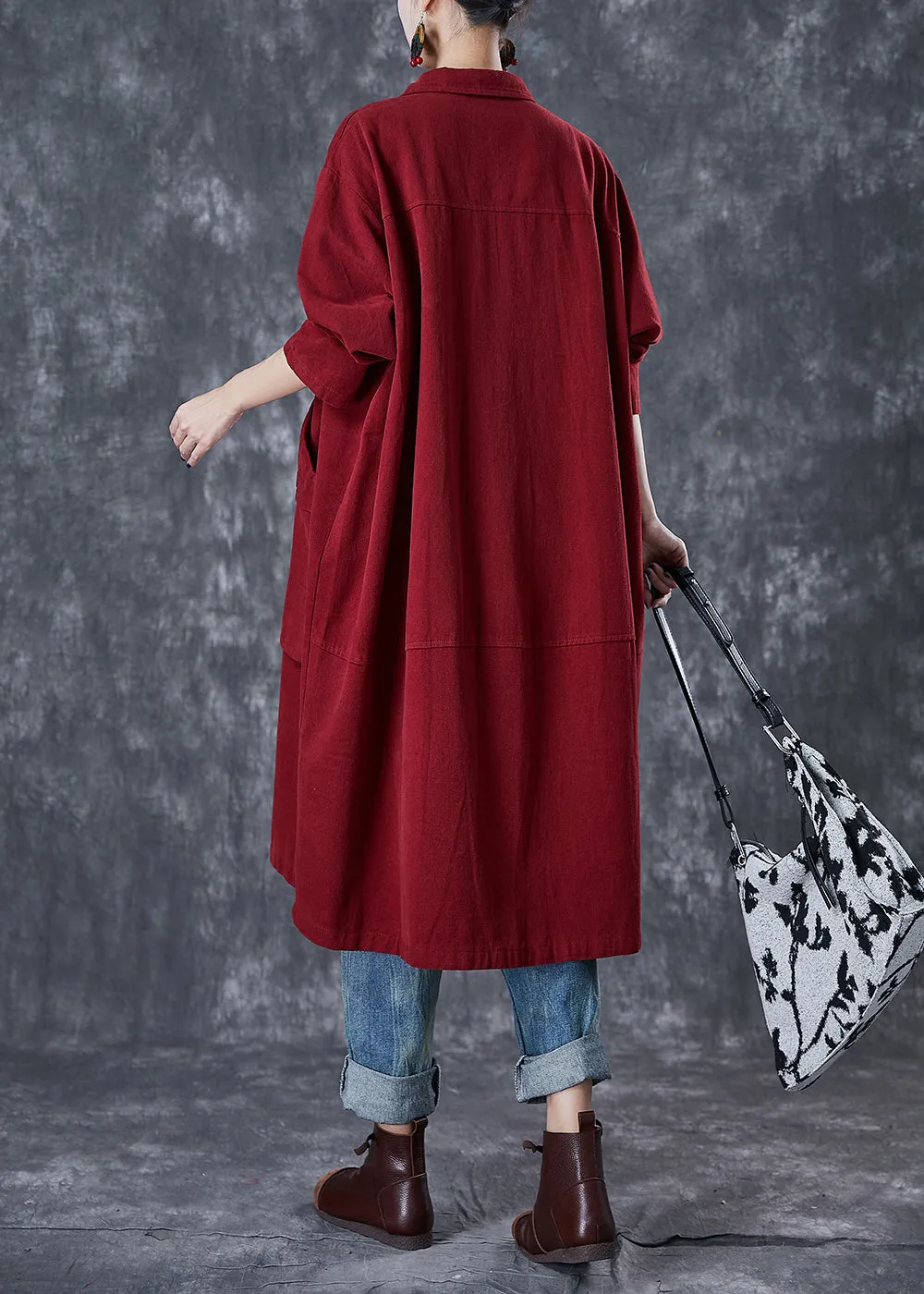 Classy Red Oversized Pockets Cotton Trench Coats Fall ML1759
