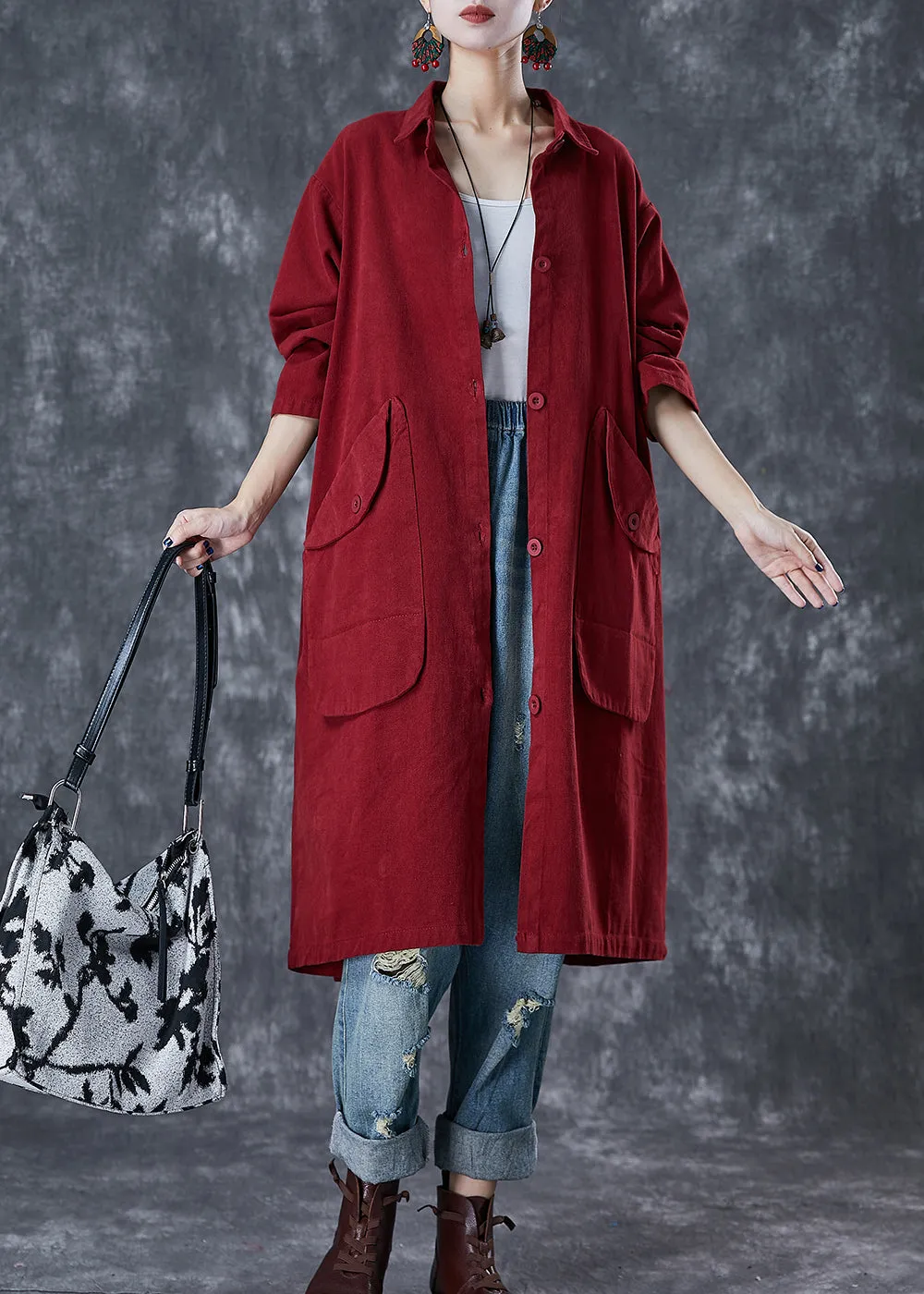 Classy Red Oversized Pockets Cotton Trench Coats Fall ML1759
