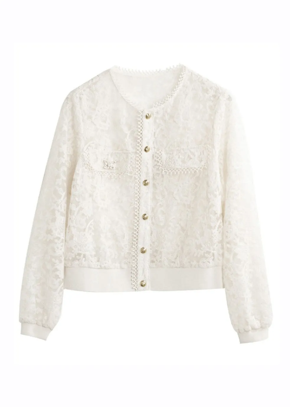 Classy White Hollow Out Button Lace Coats Long Sleeve LY9923