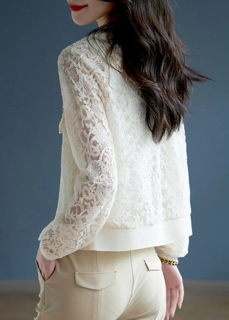 Classy White Hollow Out Button Lace Coats Long Sleeve LY9923