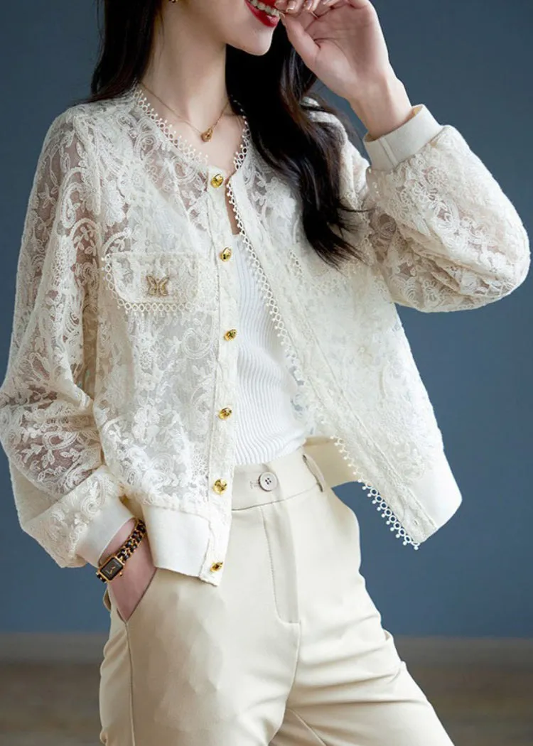 Classy White Hollow Out Button Lace Coats Long Sleeve LY9923