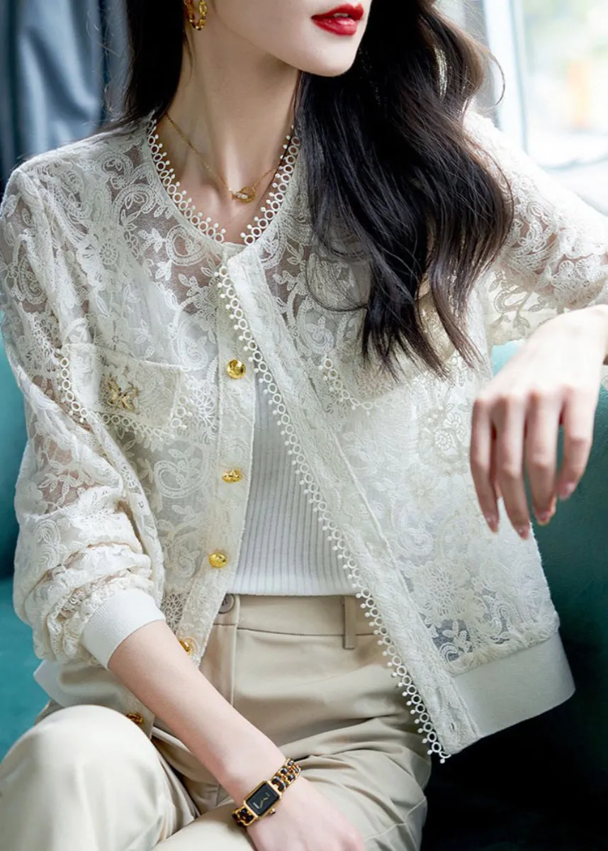 Classy White Hollow Out Button Lace Coats Long Sleeve LY9923