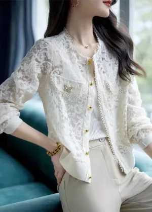 Classy White Hollow Out Button Lace Coats Long Sleeve LY9923