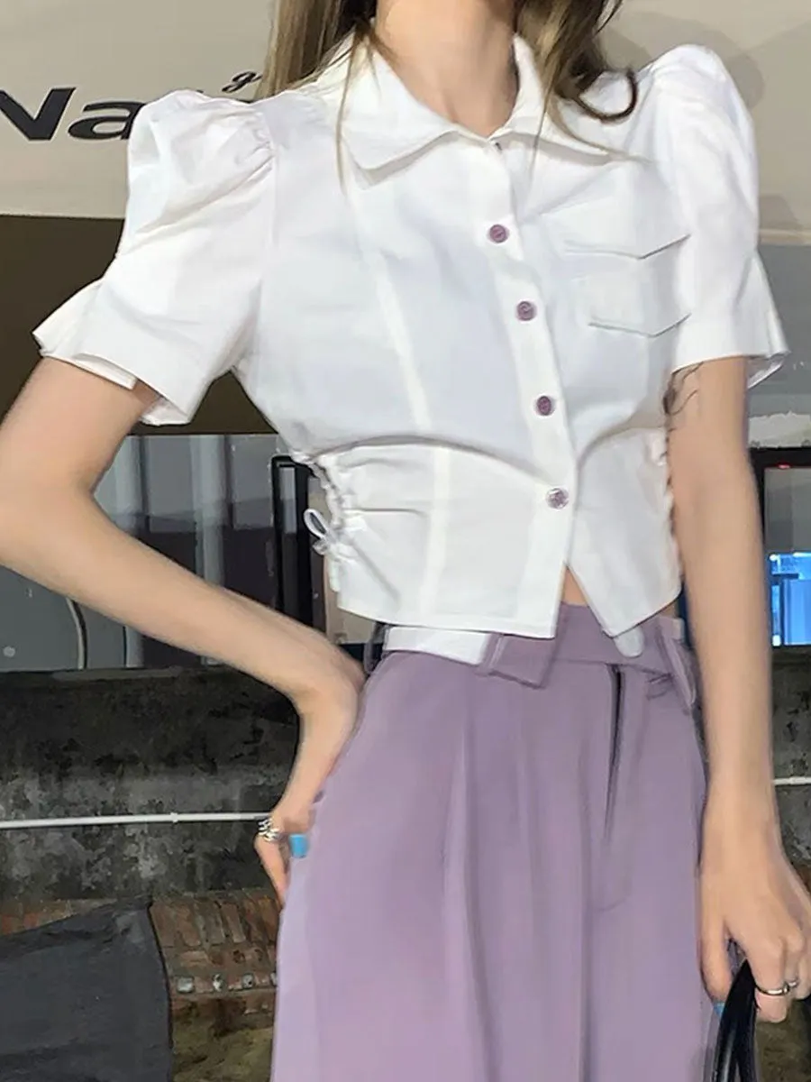 Cutout Side Puff Sleeve Shirt Top