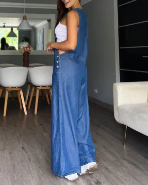 Denim Look Print Wide Leg Suspender Jumpsuit