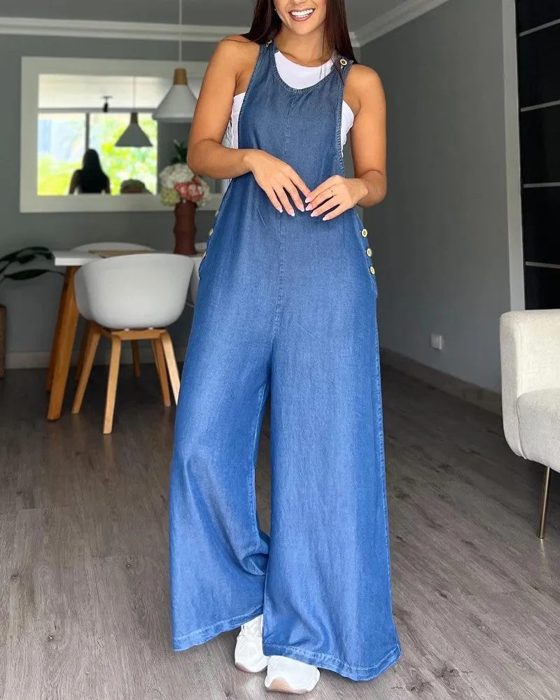 Denim Look Print Wide Leg Suspender Jumpsuit