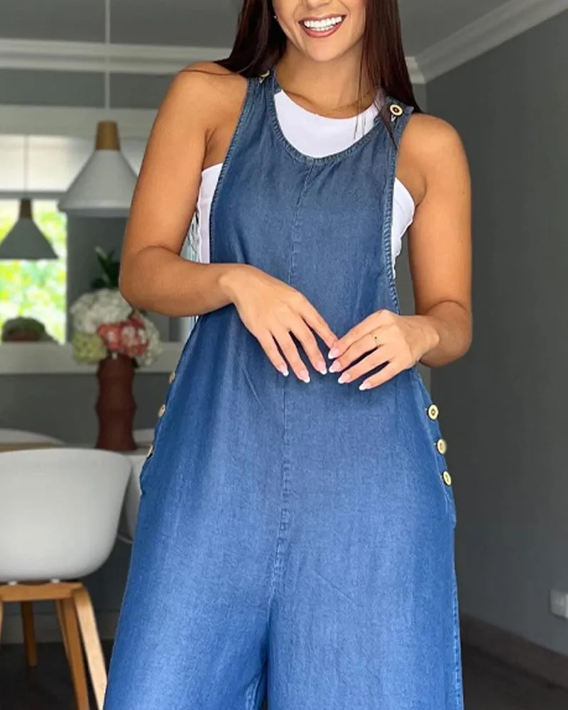 Denim Look Print Wide Leg Suspender Jumpsuit