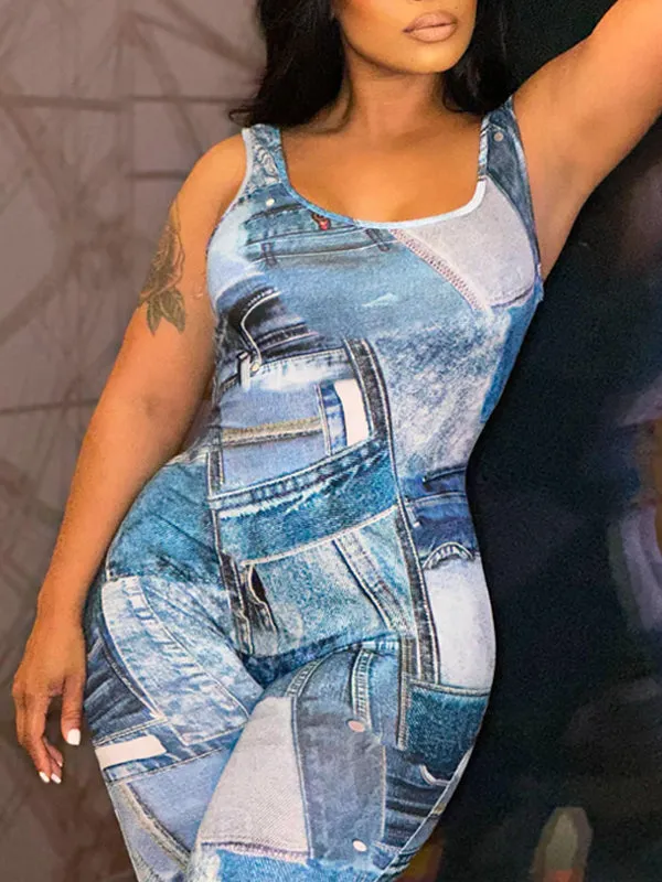 Denim-Print Sleeveless Jumpsuit--Clearance