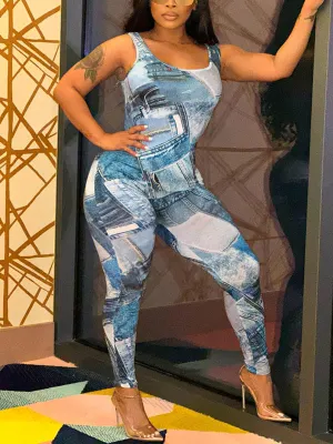 Denim-Print Sleeveless Jumpsuit--Clearance