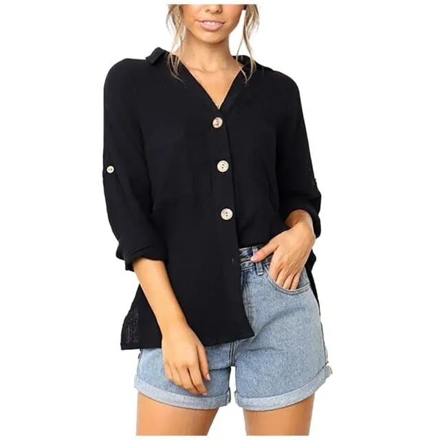 DressBetty - Fashion Women Loose Solid Color Turndown Collar Button Blouses Casual Autumn Cotton Linen Long-Sleeved Shirt