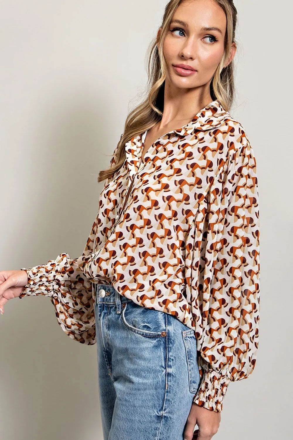 ee:some Geometric Printed Button Down Bubble Sleeve Top In Terracotta