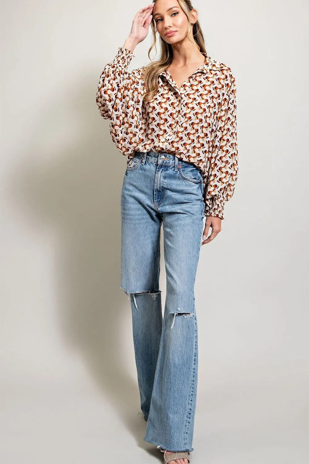 ee:some Geometric Printed Button Down Bubble Sleeve Top In Terracotta