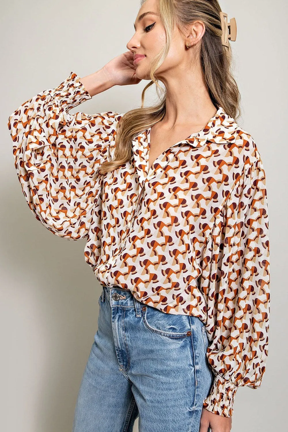ee:some Geometric Printed Button Down Bubble Sleeve Top In Terracotta