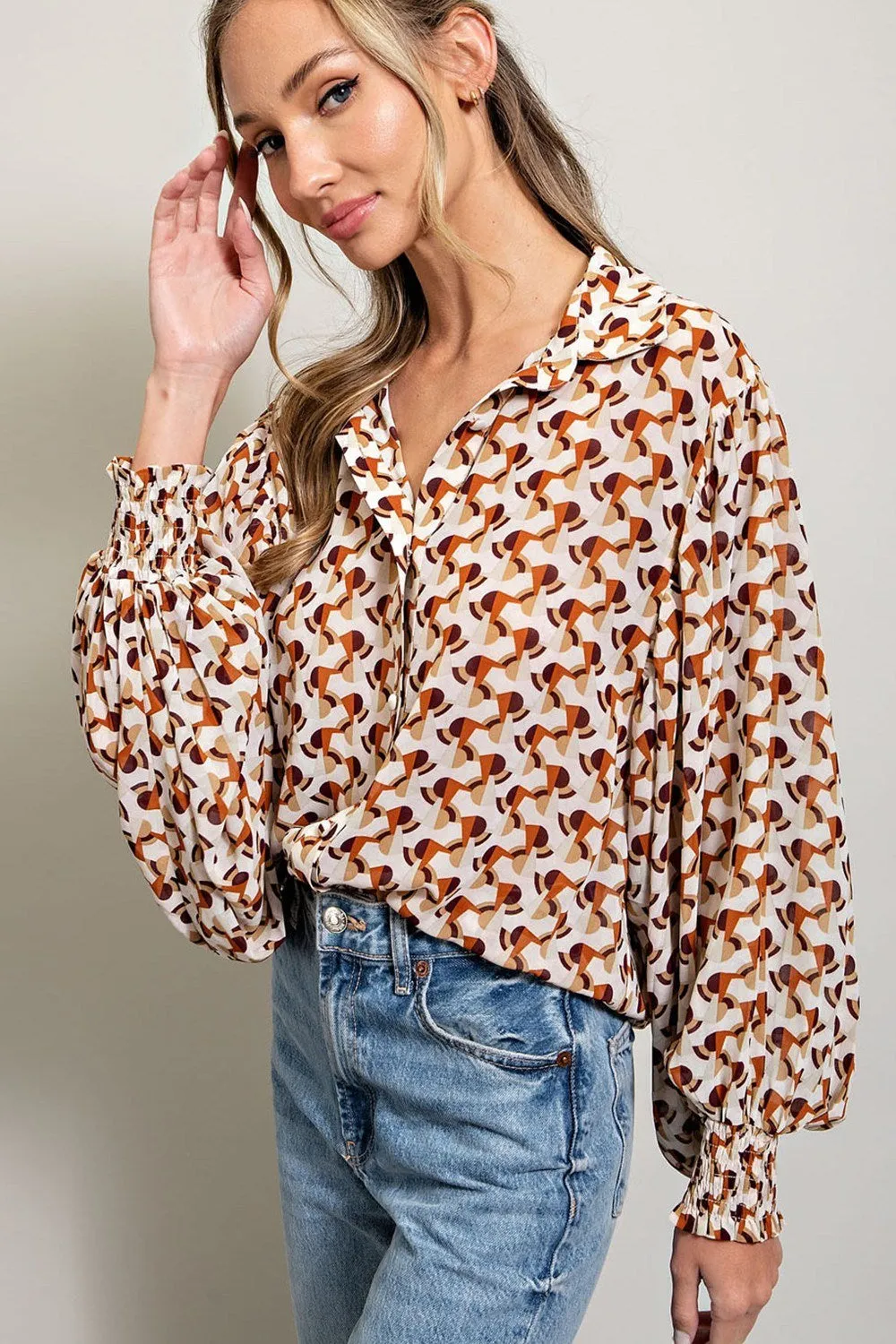ee:some Geometric Printed Button Down Bubble Sleeve Top In Terracotta