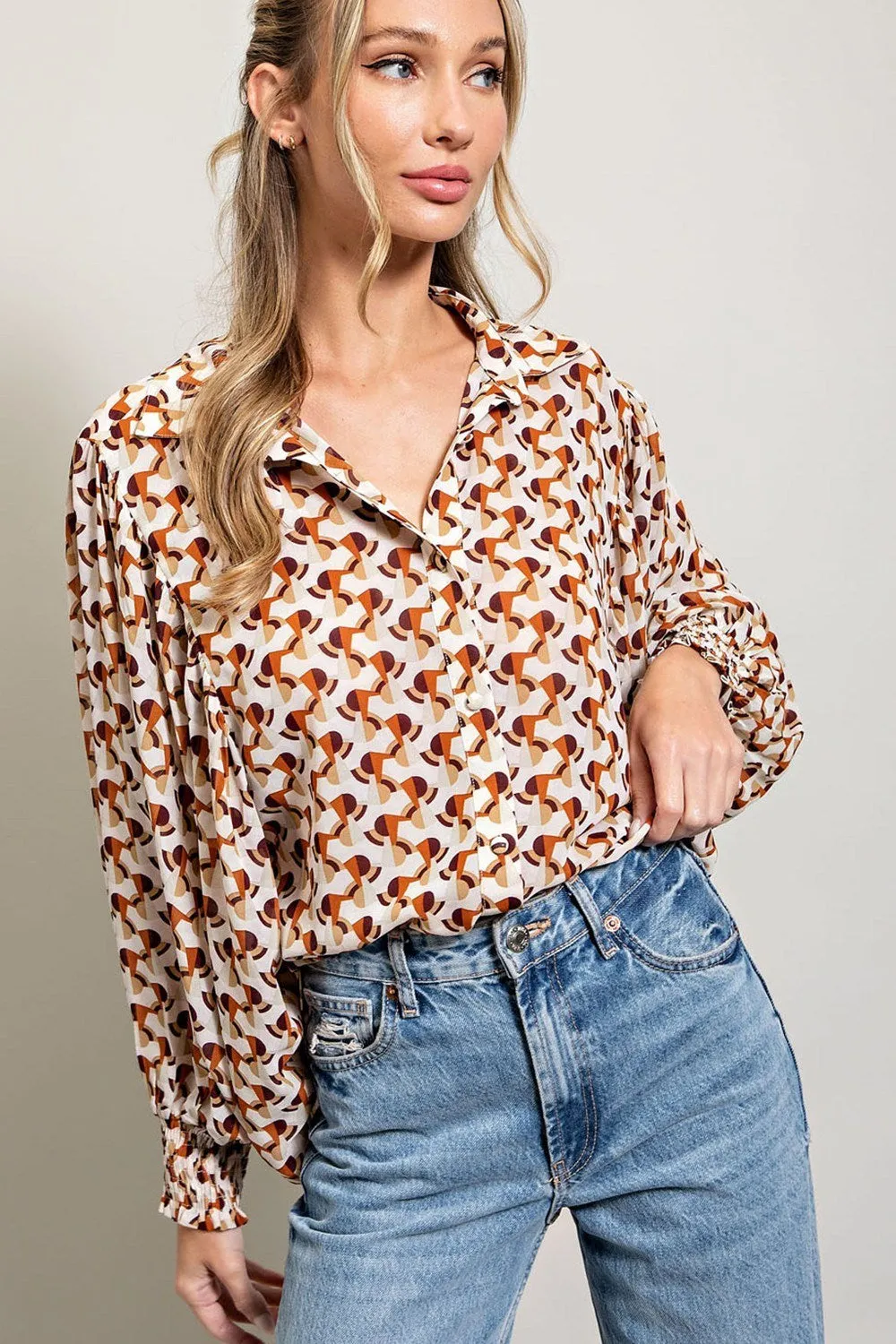 ee:some Geometric Printed Button Down Bubble Sleeve Top In Terracotta
