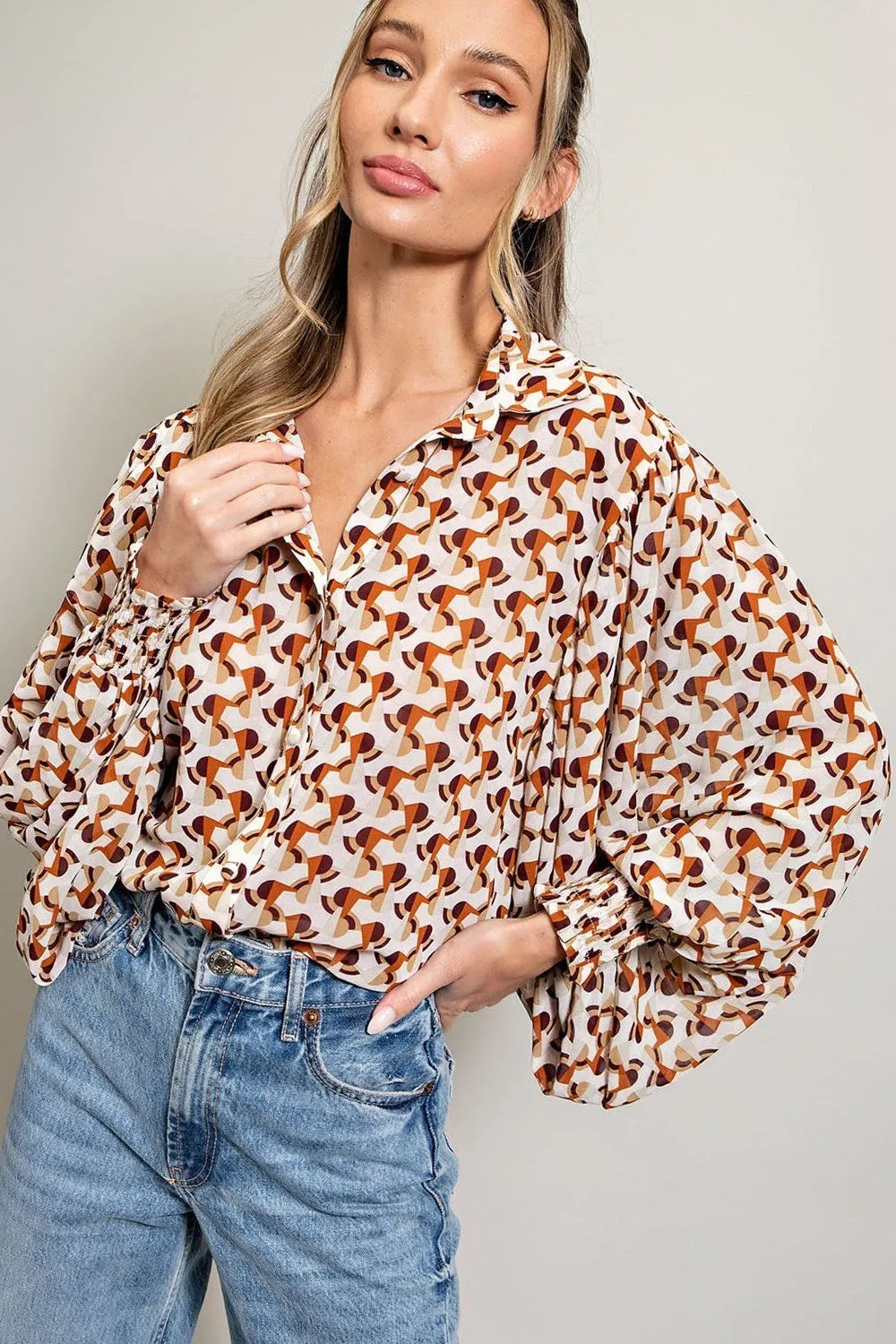 ee:some Geometric Printed Button Down Bubble Sleeve Top In Terracotta