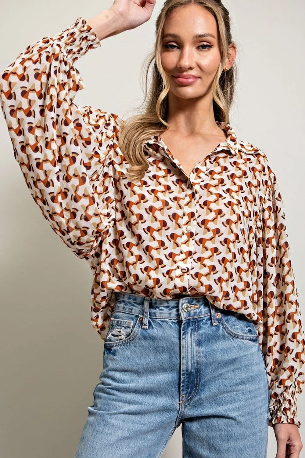 ee:some Geometric Printed Button Down Bubble Sleeve Top In Terracotta