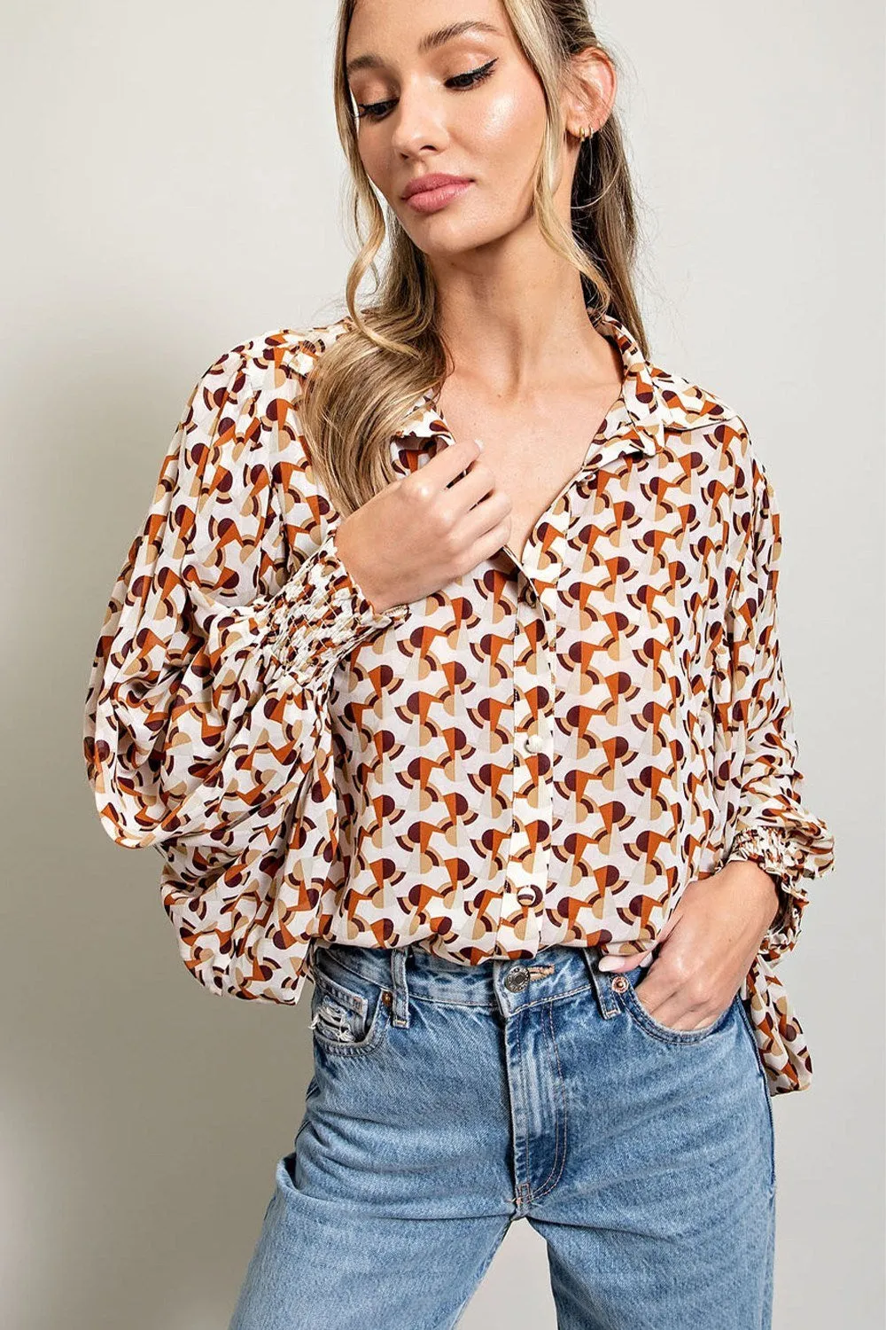 ee:some Geometric Printed Button Down Bubble Sleeve Top In Terracotta