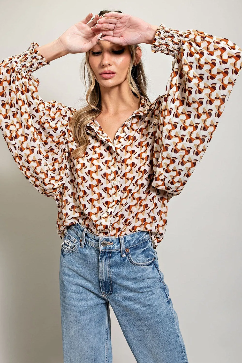 ee:some Geometric Printed Button Down Bubble Sleeve Top In Terracotta