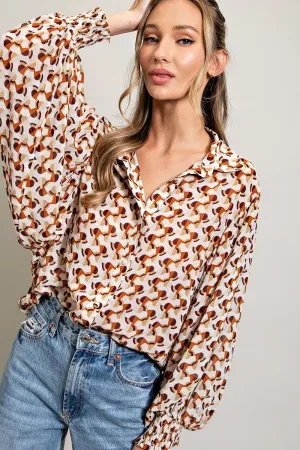 ee:some Geometric Printed Button Down Bubble Sleeve Top In Terracotta