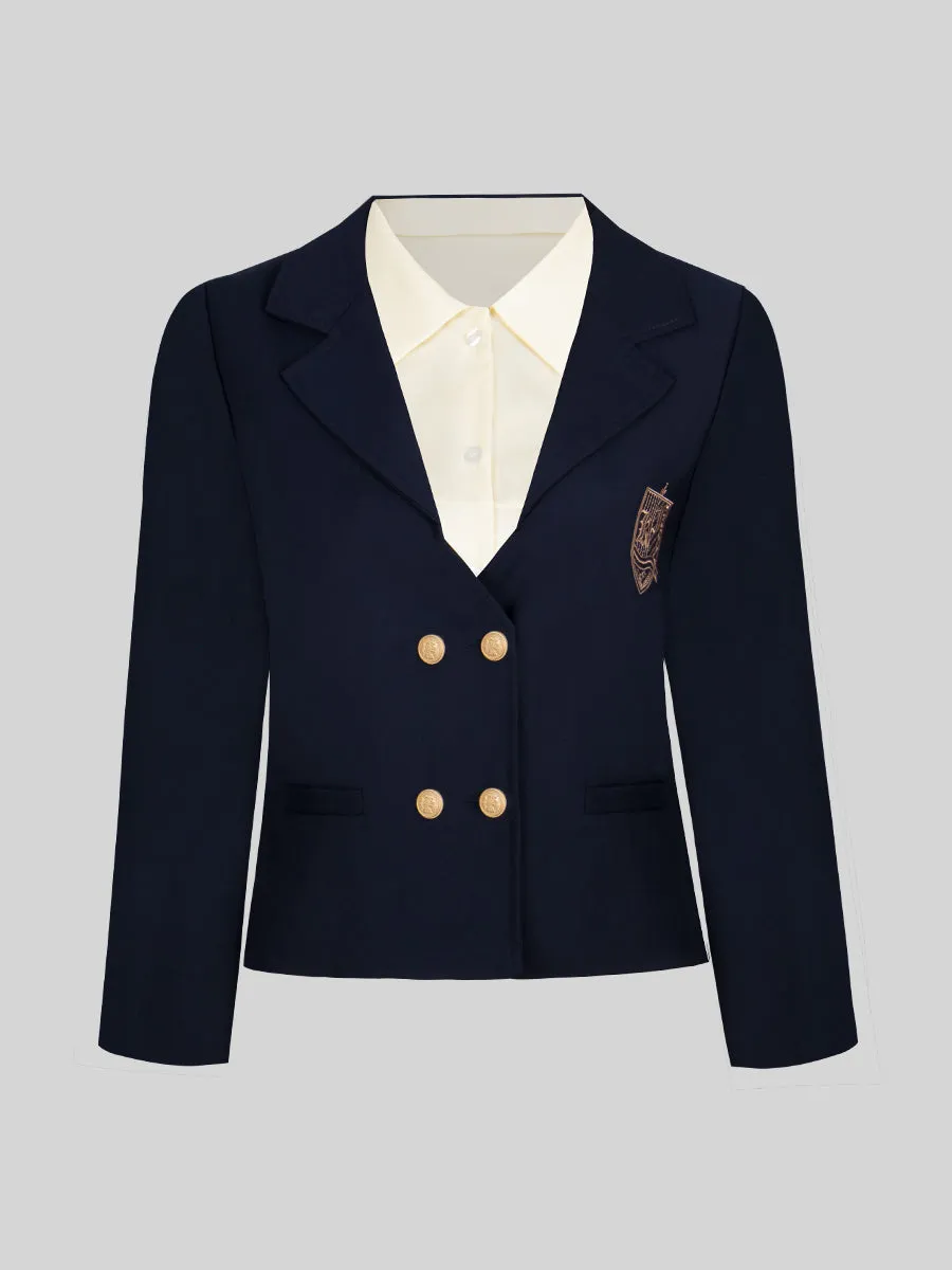 Embroidered Blazer Short Jacket   Pleated Skirt   Apricot Blouse Three Piece Set