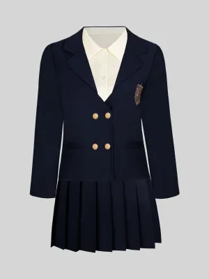 Embroidered Blazer Short Jacket   Pleated Skirt   Apricot Blouse Three Piece Set