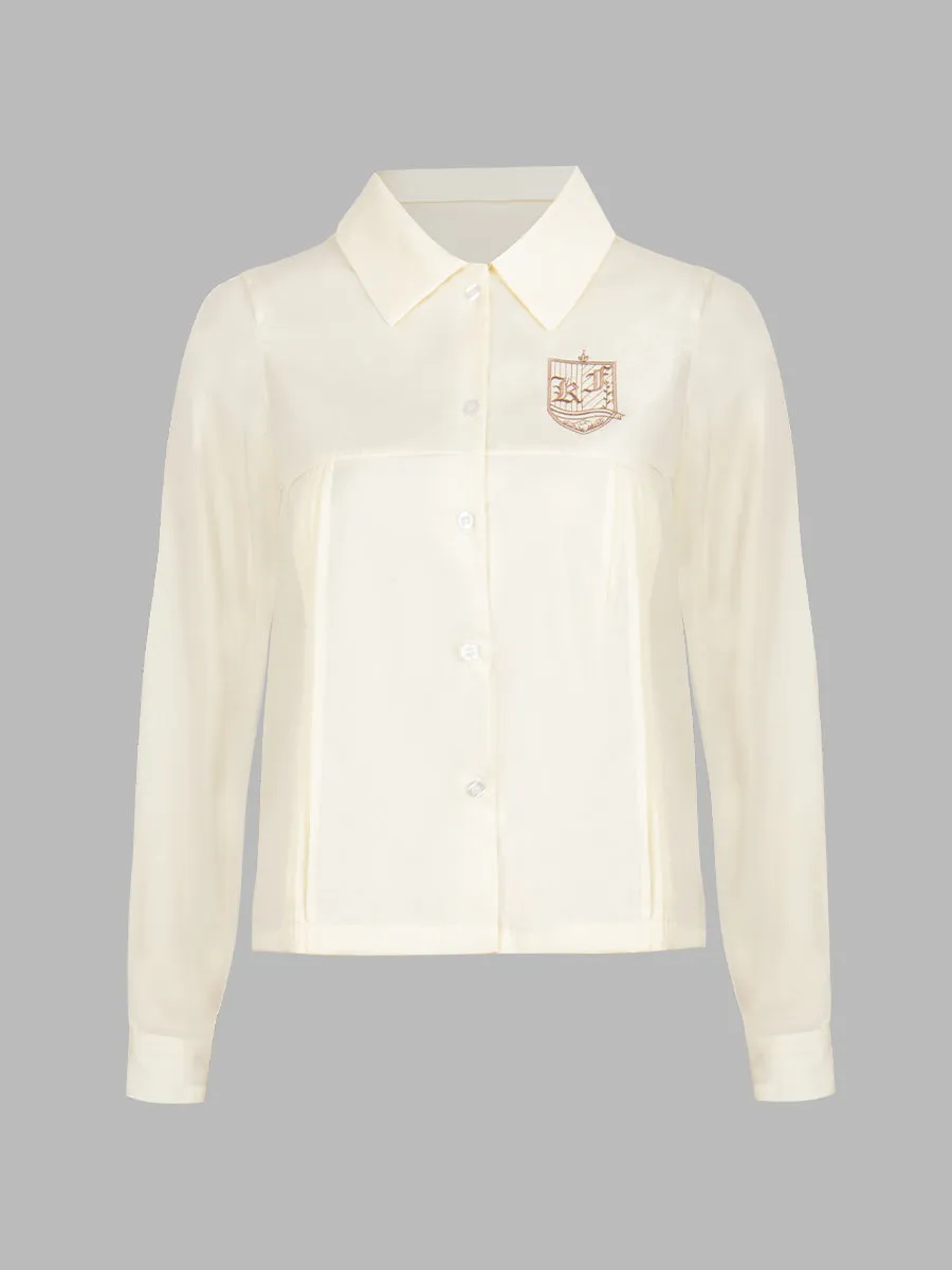 Embroidered Blazer Short Jacket   Pleated Skirt   Apricot Blouse Three Piece Set