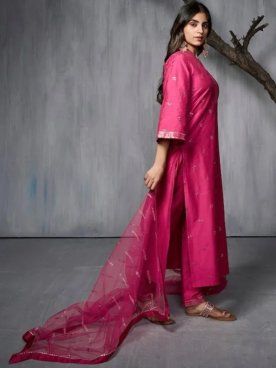 Ethnic Motifs Embroidered Regular Sequinned Pure Silk Kurta with Trousers & Dupatta