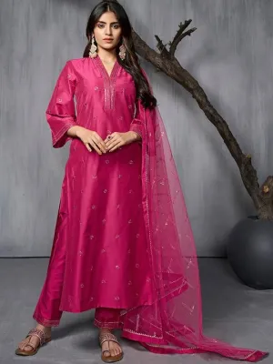 Ethnic Motifs Embroidered Regular Sequinned Pure Silk Kurta with Trousers & Dupatta