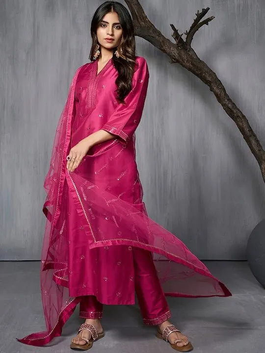 Ethnic Motifs Embroidered Regular Sequinned Pure Silk Kurta with Trousers & Dupatta